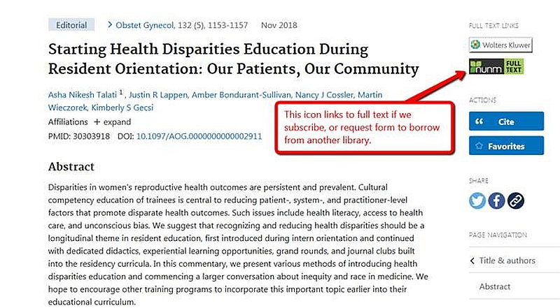 Screenshot of an example result in PubMed, showing the NUNM Full Text icon.